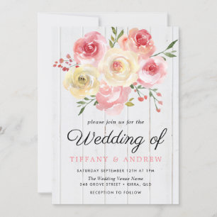 Blush Pink Peach Flowers Wood Wedding Invite