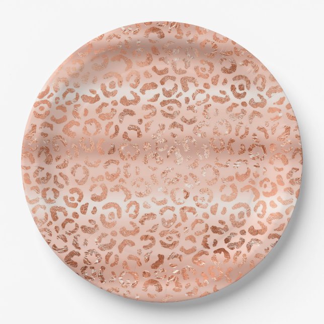 Blush Pink Peach Leopard Print Sparkle Paper Plate (Front)