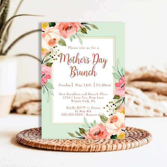 Blush Pink Peach Mint Floral Mother's Day Brunch Invitation (Creator Uploaded)