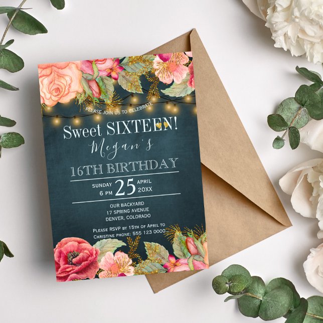 Blush pink peach navy gold string lights sweet 16 invitation (Creator Uploaded)
