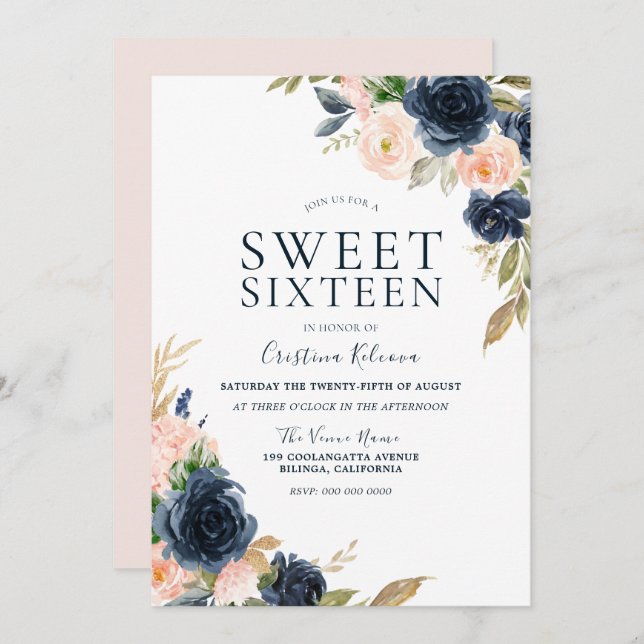Blush Pink Peach & Navy Sweet 16 Birthday Party Invitation (Front/Back)