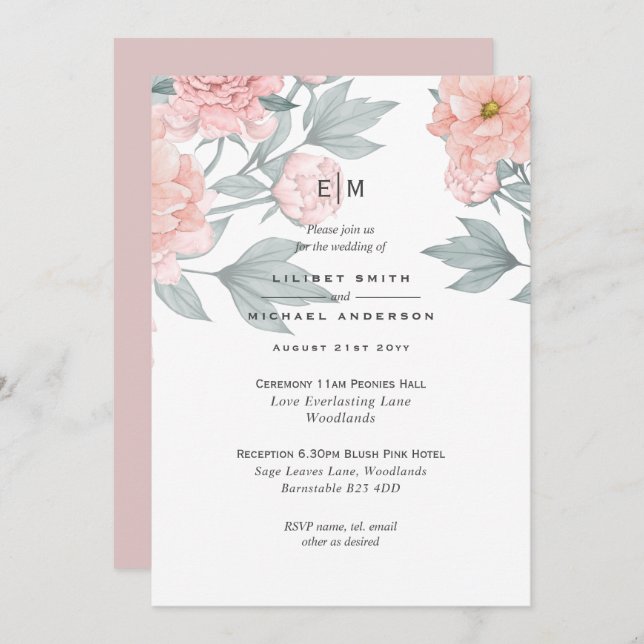 Blush Pink Peach PEONIES Wedding Invite Reception (Front/Back)