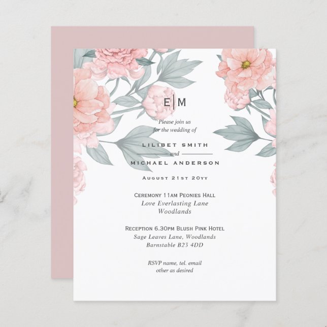 Blush Pink Peach PEONIES Wedding Invite Reception (Front/Back)