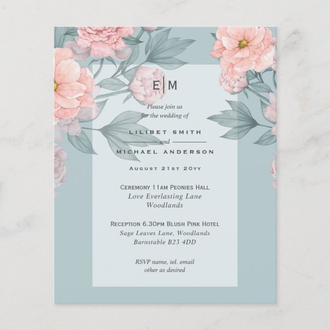 Blush Pink Peach PEONIES Wedding Invite Reception Flyer (Front)