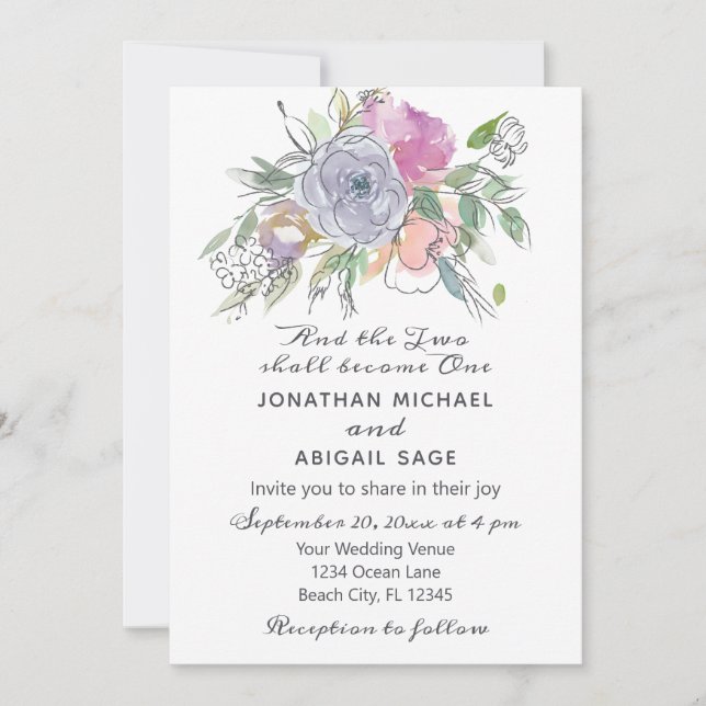 Blush Pink Peach Purple Floral Christian Wedding Invitation (Front)