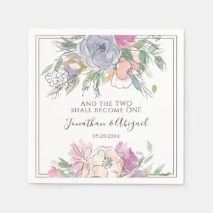 Blush Pink Peach Purple Floral Gray Frame Wedding Napkin