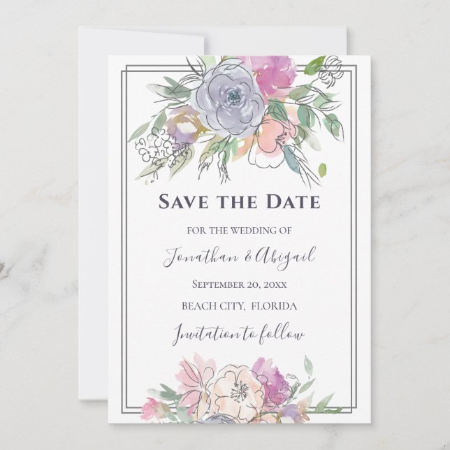 Blush Pink Peach Purple Floral Grey Frame Wedding Save The Date (Front)