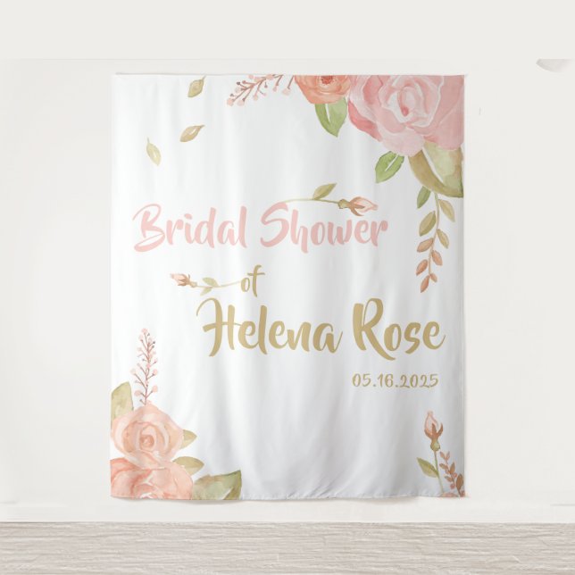 Blush Pink & Peach Roses Bridal Wedding Backdrop Tapestry (Front)