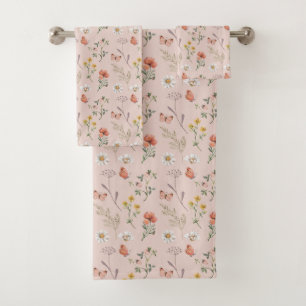 Blush Pink Peach Wildflower Bath Towel Set
