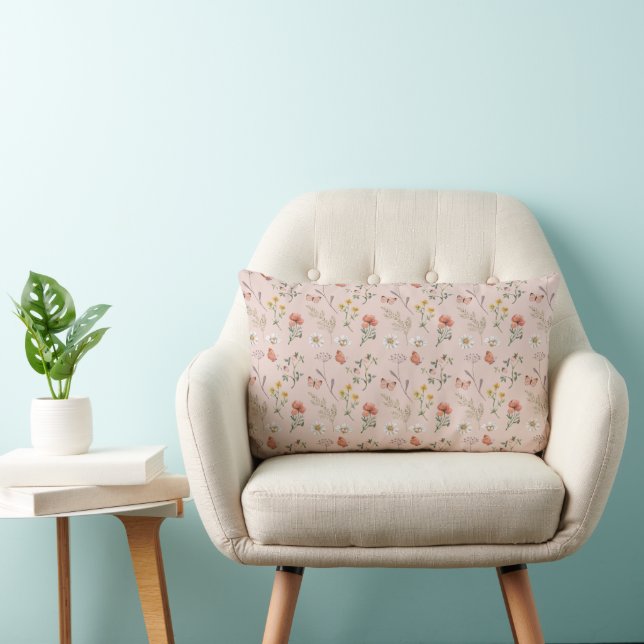 Blush Pink Peach Wildflower Lumbar Cushion (Chair)