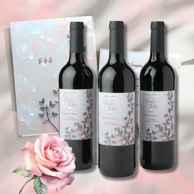 blush pink & pearl tone botanical Branch wedding Wine Label (Creator Uploaded)