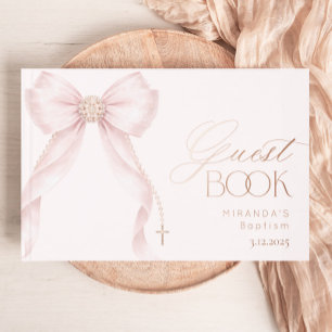 Blush Pink Pearls Bow Baby Girl Baptism Guest Book