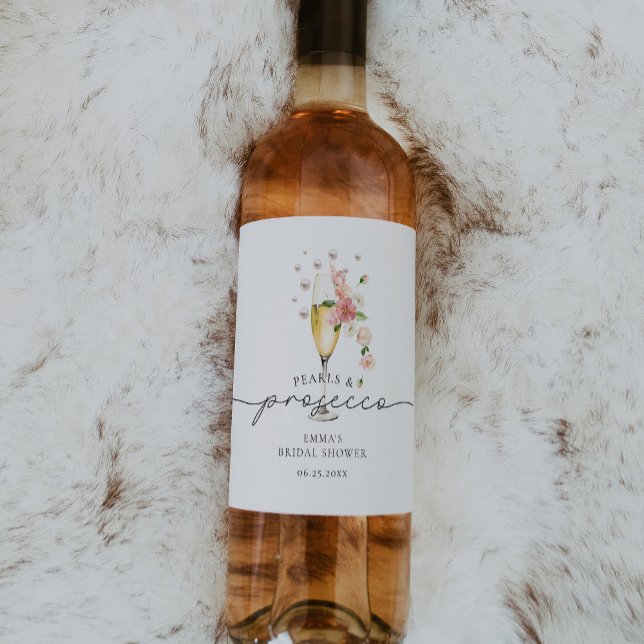 Blush Pink Pearls & Prosecco Bridal Shower Favour Wine Label (Creator Uploaded)