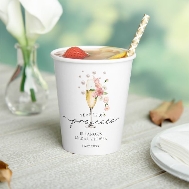Blush Pink Pearls & Prosecco Bridal Shower Paper Cups (Insitu)