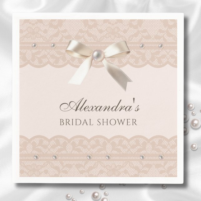 Blush Pink Pearls Satin Bow Lace Bridal Shower Napkin (Creator Uploaded)