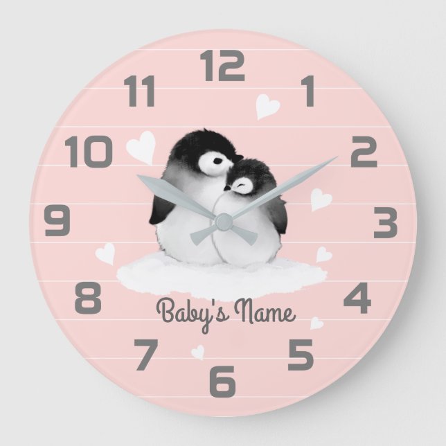 Blush Pink Penguins Heart Nursery Decor Wall Clock (Front)