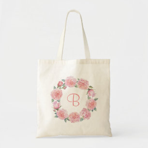 Blush pink peonies floral wreath personalised tote bag