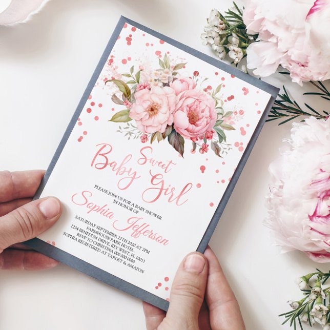 Blush Pink Peonies Flowers Sweet Baby Girl Shower Invitation (Creator Uploaded)