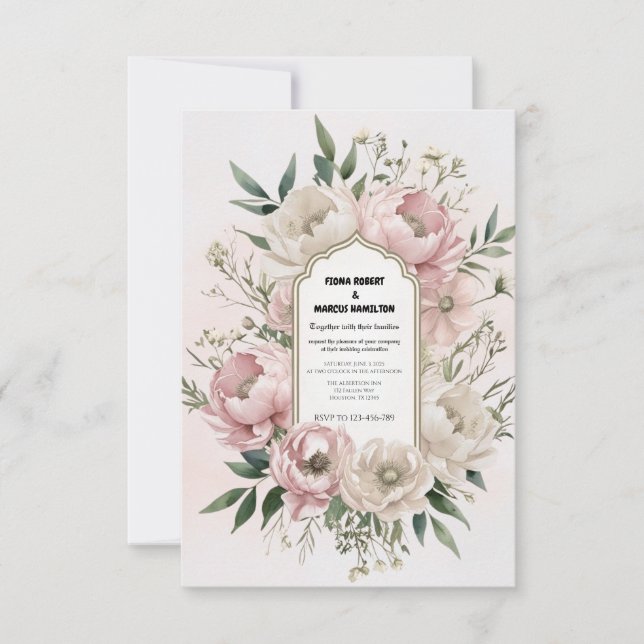 Blush Pink Peonies & Greenery Romantic Boho RSVP Card (Front)