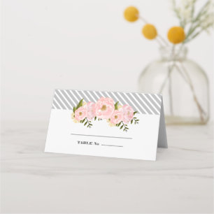 Blush Pink Peonies   Grey Stripes Wedding  Place Card