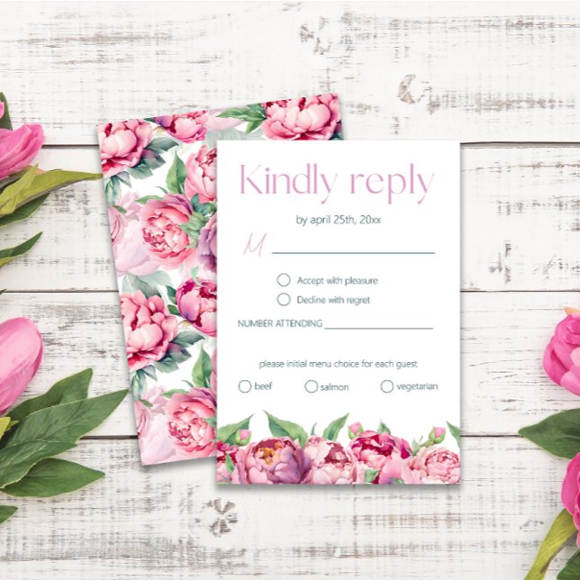Blush Pink Peonies Menu Choice Wedding RSVP (Creator Uploaded)