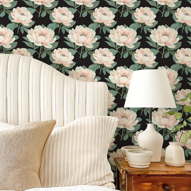 Blush Pink Peonies On Black Floral Wallpaper (Creator Uploaded)