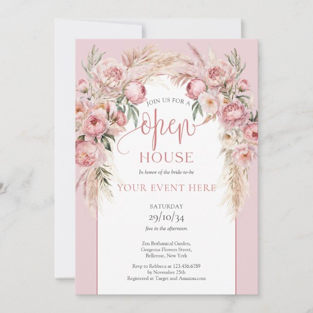 Blush pink peonies pampas boho arch Open House Invitation (Front)