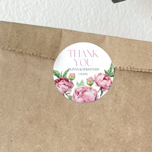 Blush Pink Peonies Watercolor Thank you Classic Round Sticker (Creator Uploaded)