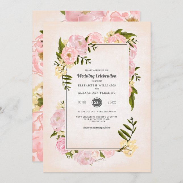 Blush Pink Peonies Watercolor Wedding Invitation (Front/Back)