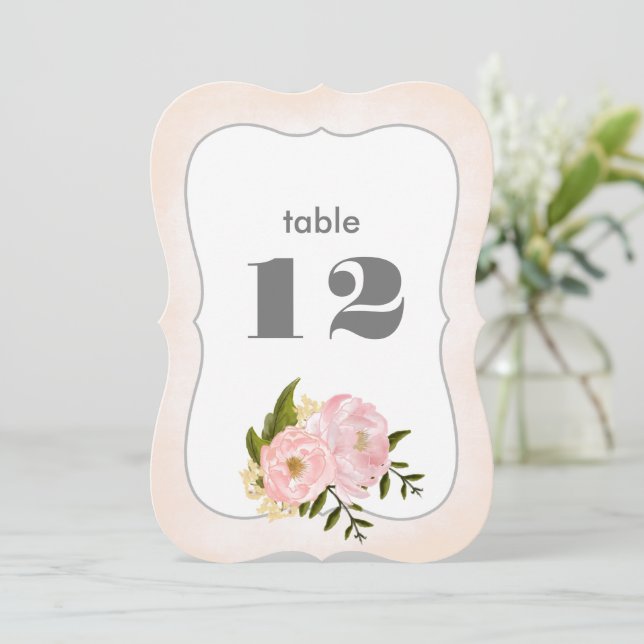Blush Pink Peonies Wedding Table Number Cards (Standing Front)