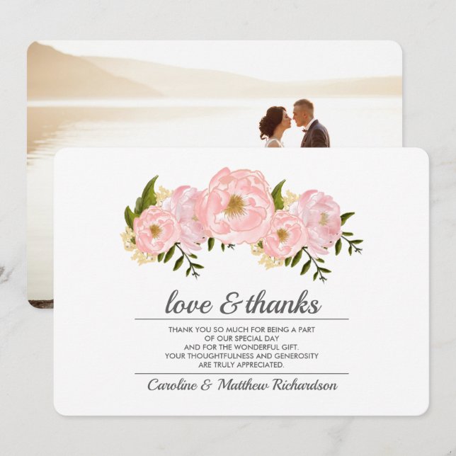 Blush Pink Peonies Wedding Thank You Photo Card (Front/Back)