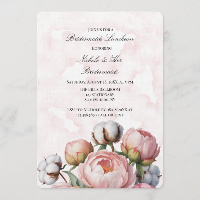 Blush Pink Peony and Cotton Bridesmaids Luncheon Invitation (Front)