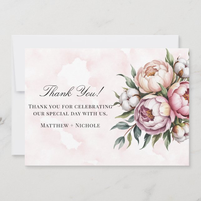 Blush Pink Peony and Cotton Wedding Thank You Card (Front)