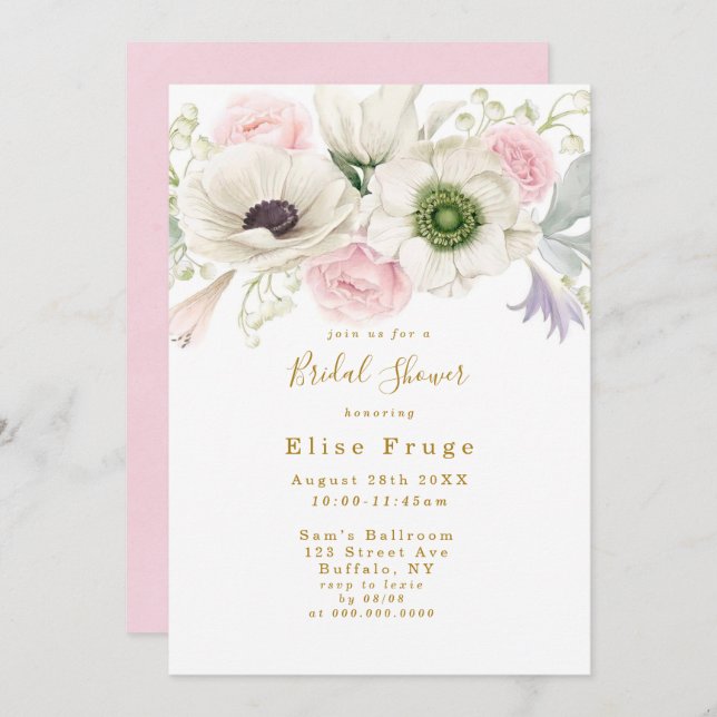 Blush Pink Peony Anemone Gold Bridal Shower  Invit Invitation (Front/Back)