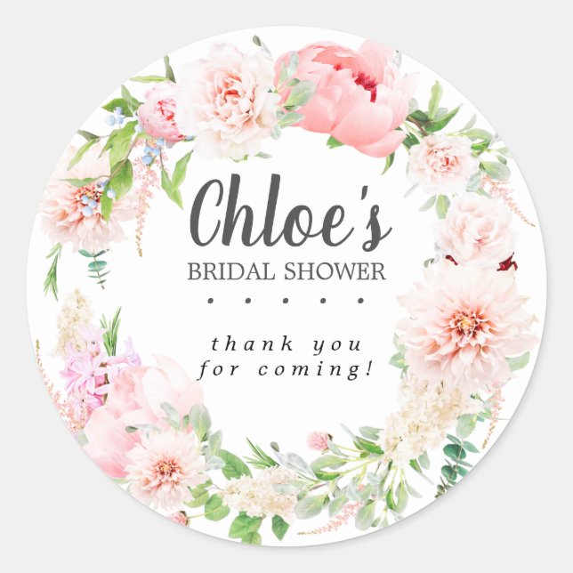 Blush Pink Peony Bridal Shower Favour Sticker (Front)