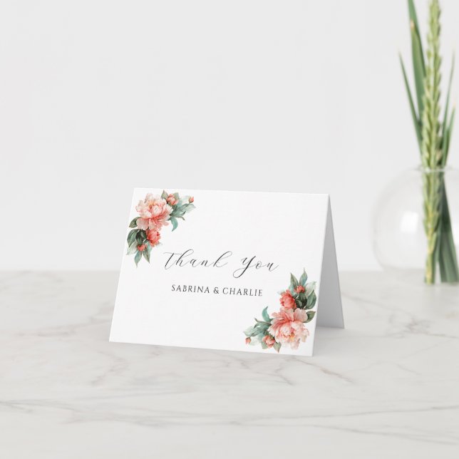 Blush Pink Peony Coral Elegant Floral Thank You Card (Front)