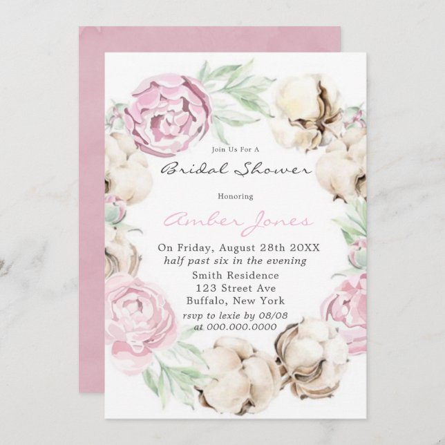 Blush Pink Peony Cotton Bridal Shower Invitation (Front/Back)