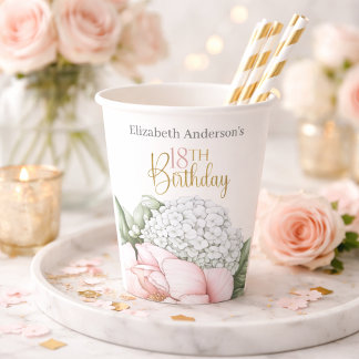 Blush Pink Peony Floral 18th Birthday  Paper Cups