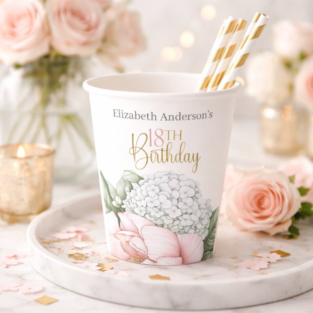 Blush Pink Peony Floral 18th Birthday  Paper Cups (Creator Uploaded)
