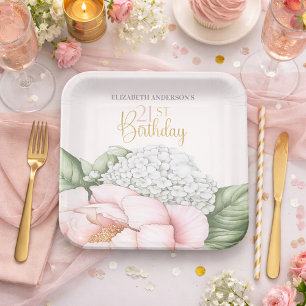 Blush Pink Peony Floral 21st Birthday Paper Plate