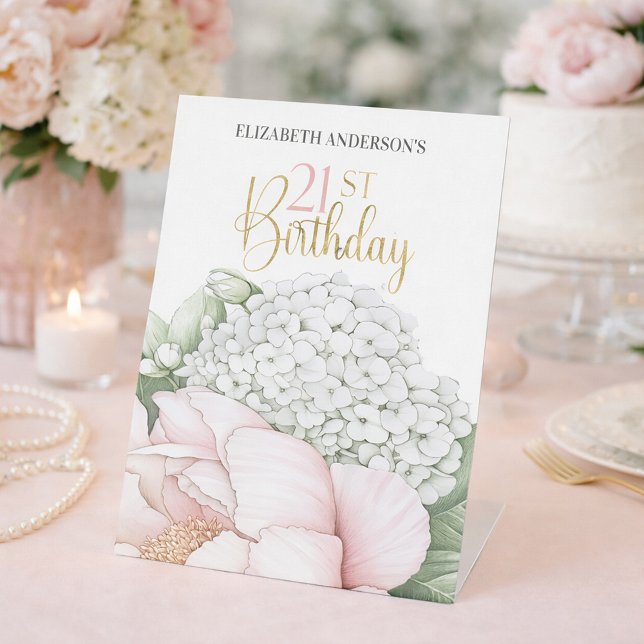 Blush Pink Peony Floral 21st Birthday  Pedestal Sign (Creator Uploaded)