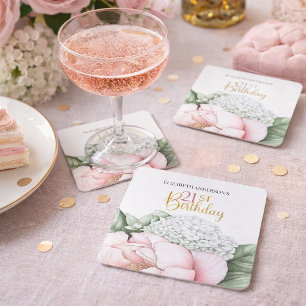 Blush Pink Peony Floral 21st Birthday  Square Paper Coaster