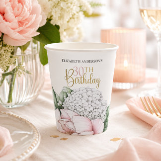 Blush Pink Peony Floral 30th Birthday Paper Cups