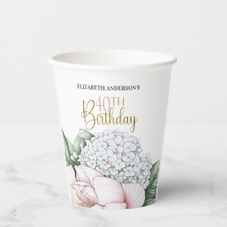 Blush Pink Peony Floral 40th Birthday Paper Cups