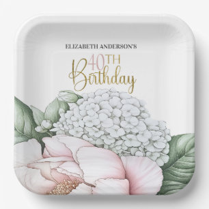 Blush Pink Peony Floral 40th Birthday  Paper Plate