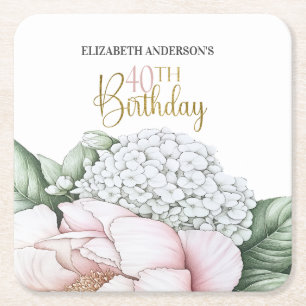 Blush Pink Peony Floral 40th Birthday Square Paper Coaster