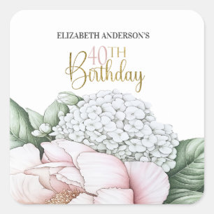 Blush Pink Peony Floral 40th Birthday Square Sticker