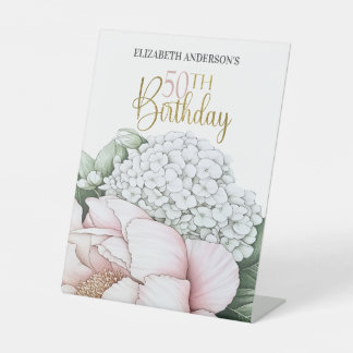 Blush Pink Peony Floral 50th Birthday Pedestal Sign