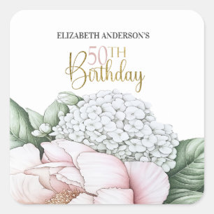Blush Pink Peony Floral 50th Birthday Square Sticker