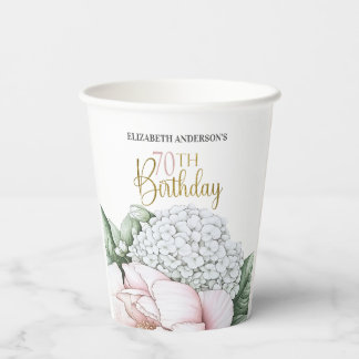 Blush Pink Peony Floral 70th Birthday Paper Cups